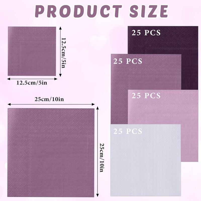 Layhit 100 Pcs Cocktail Napkins Disposable Beverage Napkins Square Paper Dessert Tissue for Valentine's Day Wedding Birthday Party Supplies(Purple Series,5 x 5 Inch) - Image 2